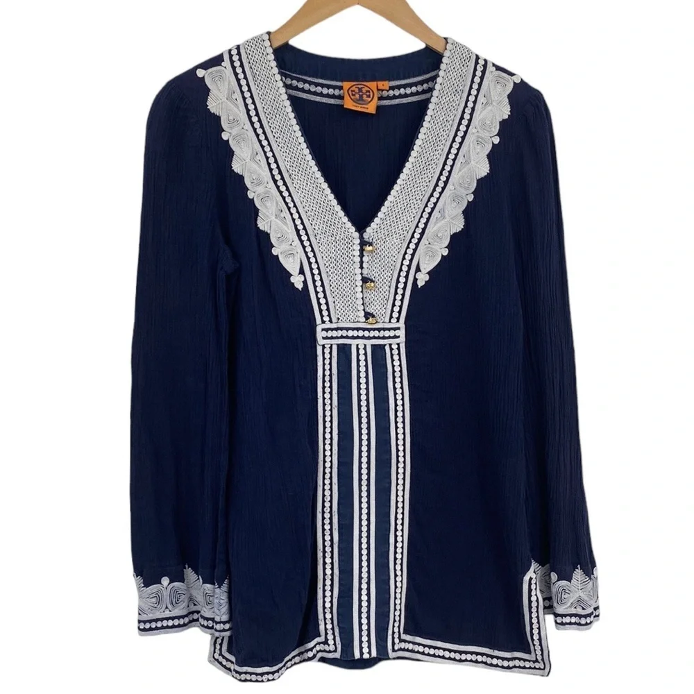Tory Burch Tunic Blouse Top Womens Size 8 Blue White‎ Lace Long Sleeves V Neck
